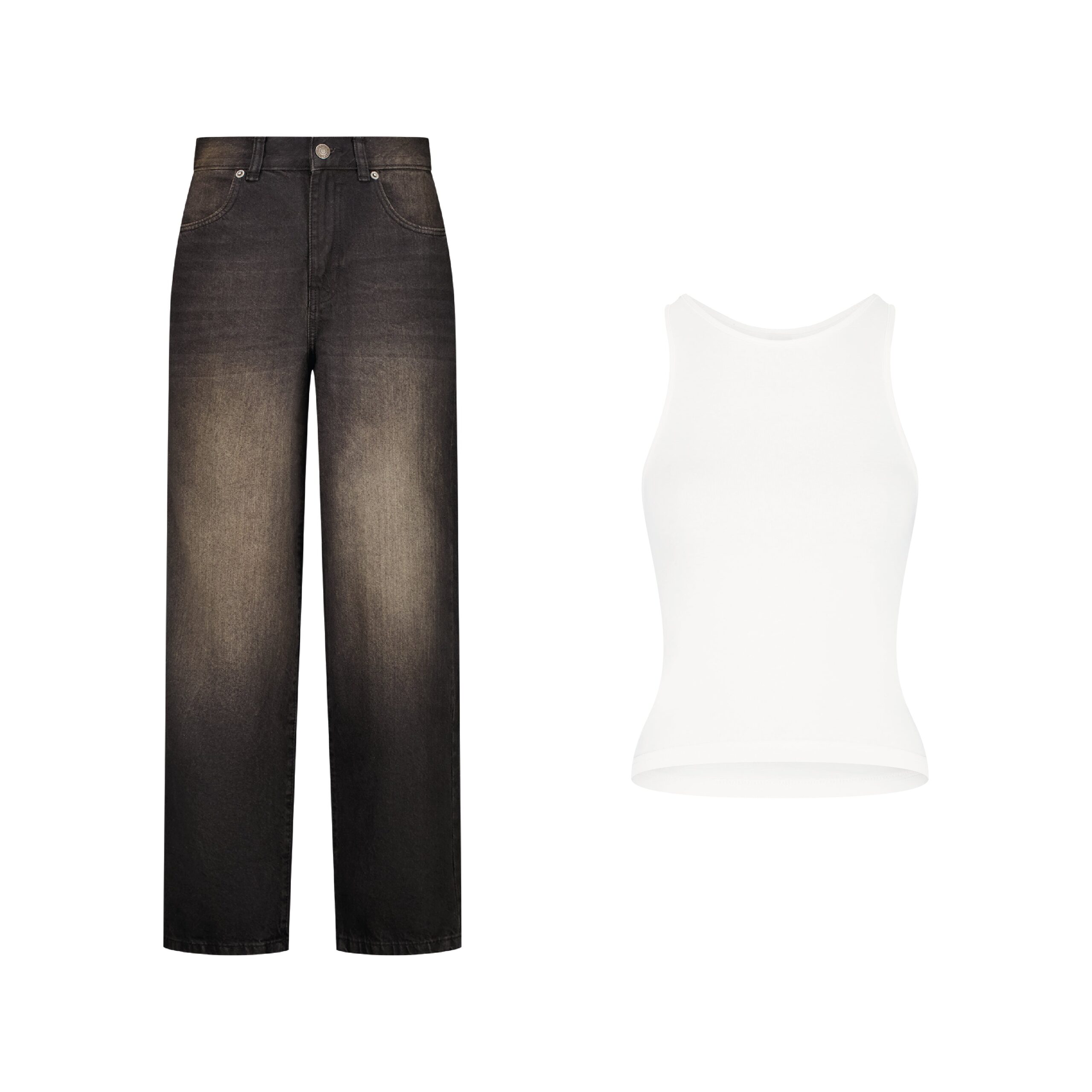 Knugh Girls’ Washed Black Baggy Jeans & Tank Top Set